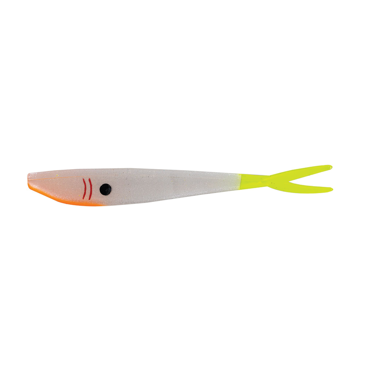 Big Bite 4" Slim Minnow - Painted soft plastic fishing lure with gray body, orange head, black eye, red gill marks, and bright chartreuse forked tail.