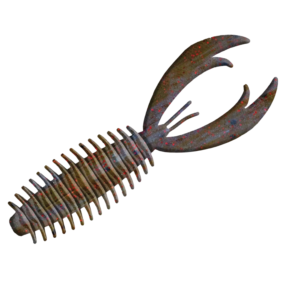 Big Bite Fighting Craw fishing lure with ribbed body and dual claw appendages in a dark, speckled pattern designed for musky and ice fishing tackle.