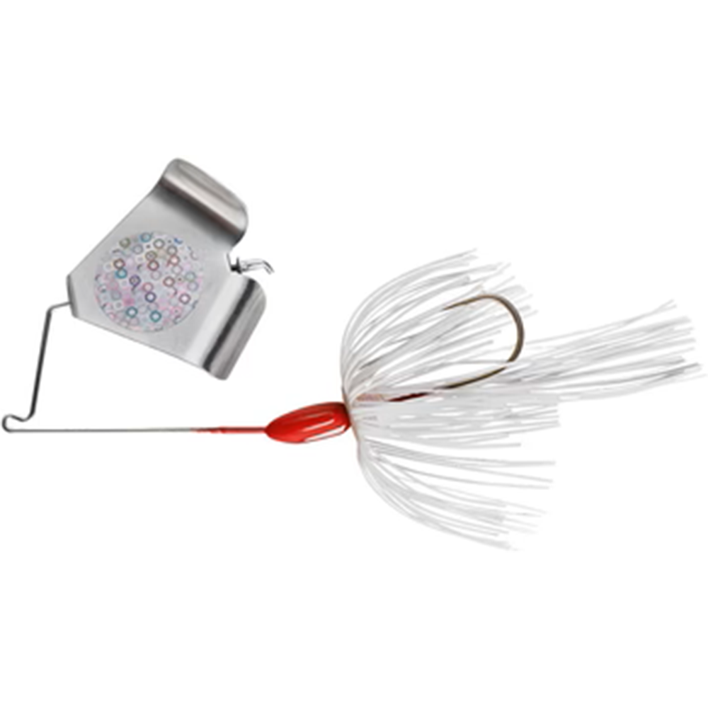 War Eagle Buzzbait featuring a silver blade with holographic pattern, red body, single hook, and white silicone skirt designed for effective fishing tackle use.