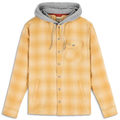 Simms Santee Flannel Hoody - Men's in a soft yellow plaid pattern with grey adjustable hood, snap-button front, chest pocket with flap, and side hand pockets, designed for fishing and outdoor use.