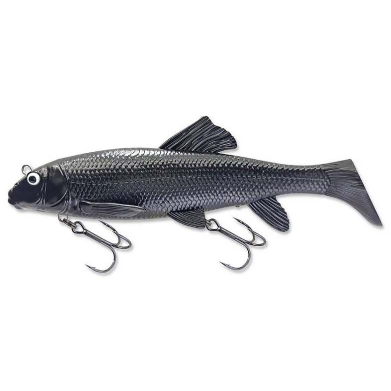 Savage Gear 3D Sucker fishing lure in a realistic black fish design with detailed scales, fins, and two treble hooks for effective fishing tackle use.