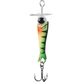 13 Fishing Jabber Blade Jigging Spoon fishing lure with a vibrant green, orange, and black patterned body, a large eye detail, and a sharp treble hook for effective fishing tackle.