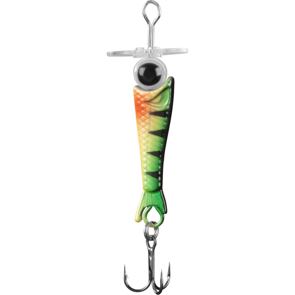 13 Fishing Jabber Blade Jigging Spoon fishing lure with a vibrant green, orange, and black patterned body, a large eye detail, and a sharp treble hook for effective fishing tackle.