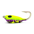 Widow Maker Tungsten Shrimp Jig in bright yellow and purple with a black dot, featuring a sharp metal hook designed for effective fishing tackle use.