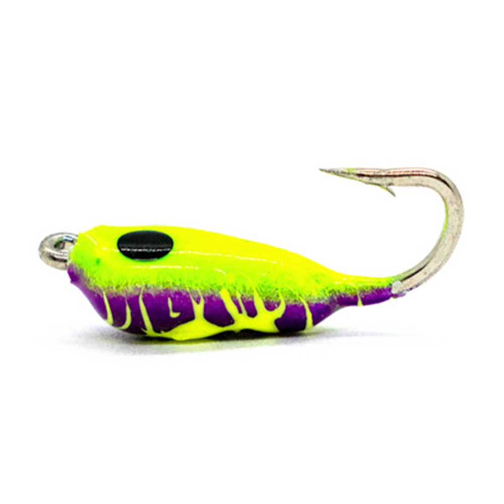 Widow Maker Tungsten Shrimp Jig in bright yellow and purple with a black dot, featuring a sharp metal hook designed for effective fishing tackle use.