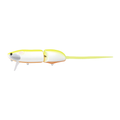 Evergreen Combat Rat fishing lure in segmented white and yellow design with a long tail, designed for lifelike movement in water to attract musky fish.