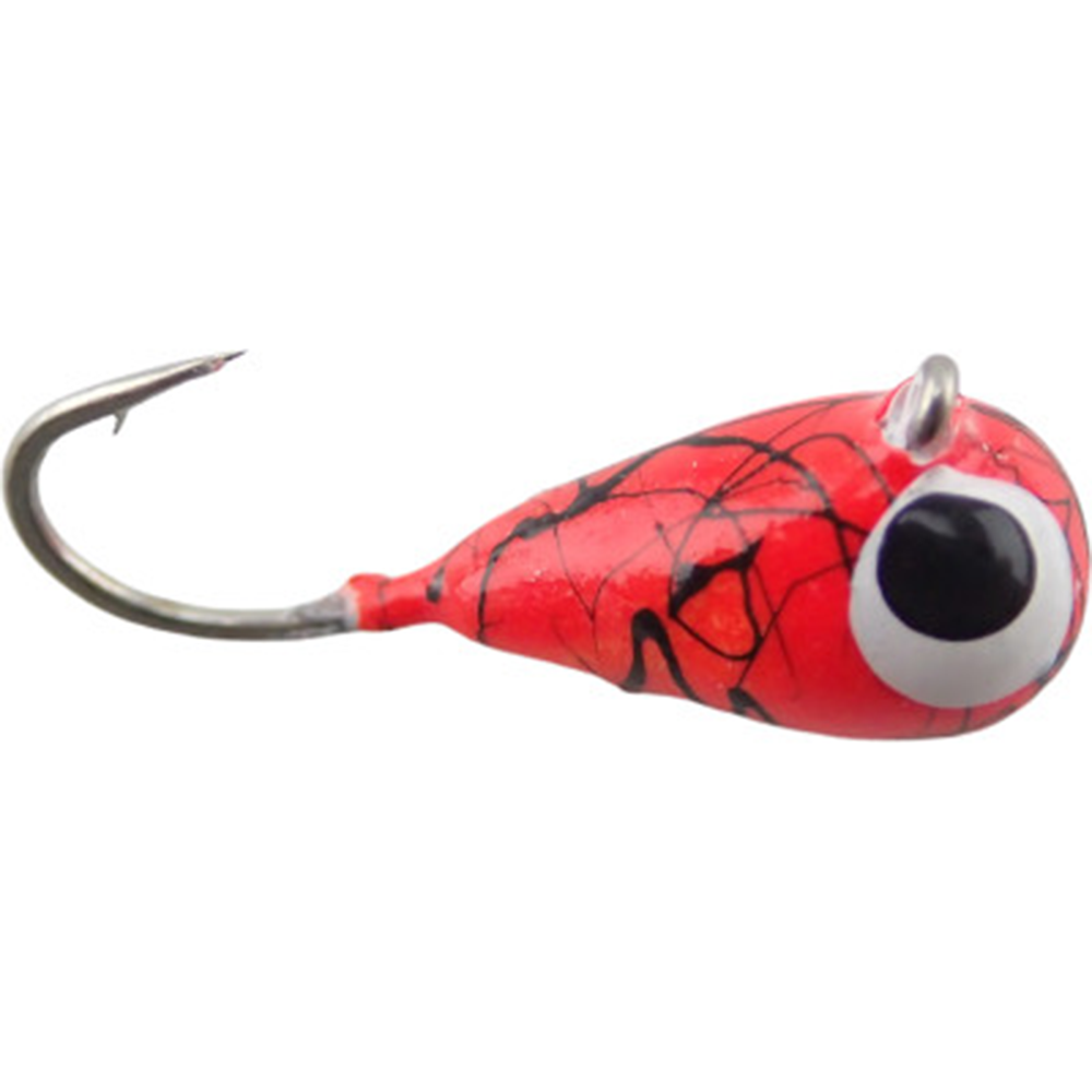 Close-up of a Widow Maker Dropper Tungsten Jig fishing lure featuring a red teardrop-shaped body with black marbling and a large white and black eye, equipped with a single sharp metal hook.