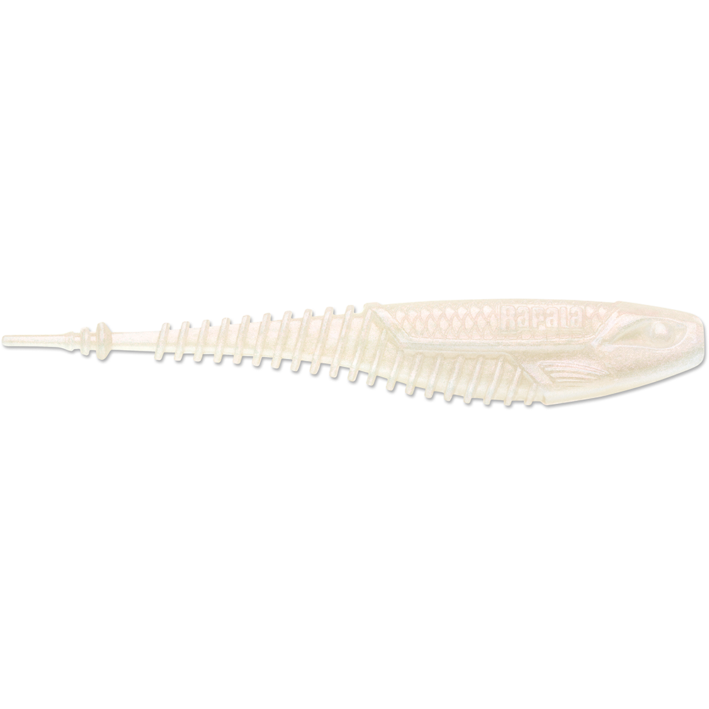 Rapala CrushCity Freeloader soft fishing lure in pearly white with ribbed body and detailed head design, ideal for freshwater fishing tackle and musky fishing.
