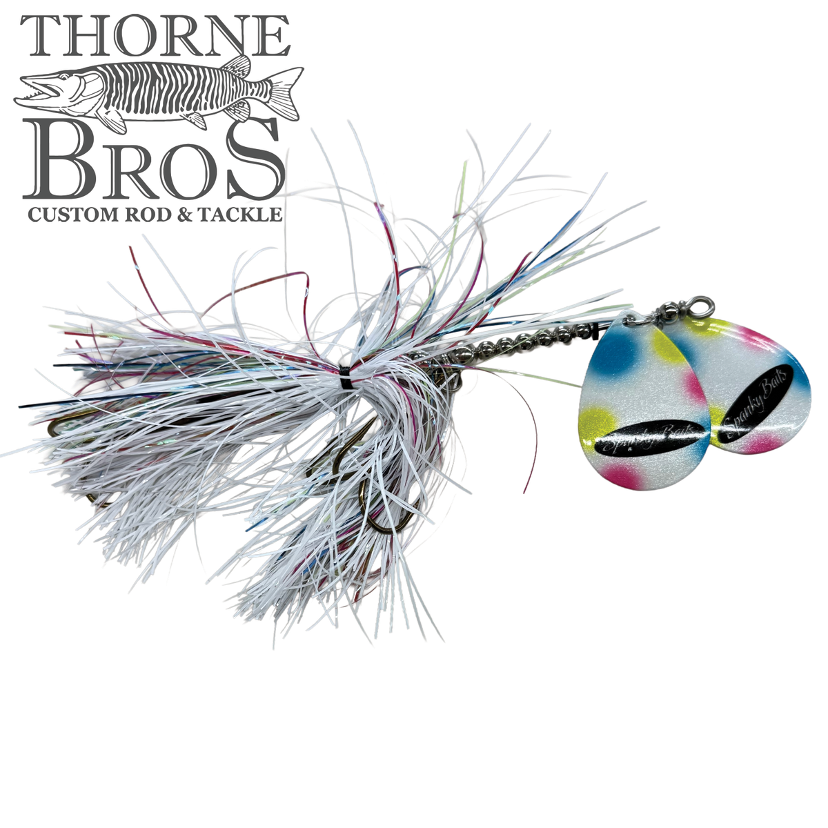 Spanky Baits Fireball 8" featuring multi-colored skirted fishing lure with two vibrant, patterned spinner blades designed for musky fishing and enhanced water attraction.