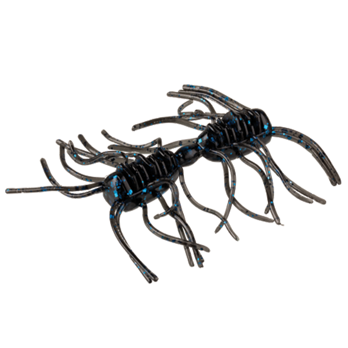 Two black soft plastic fishing lures with blue flecks and multiple flexible legs, designed as Strike King Sexy Bug fishing tackle for musky and freshwater fishing.