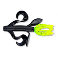 Yamamoto 4" Kreature fishing lure in black with blue flecks and neon green segmented tail, designed to attract musky and other game fish.