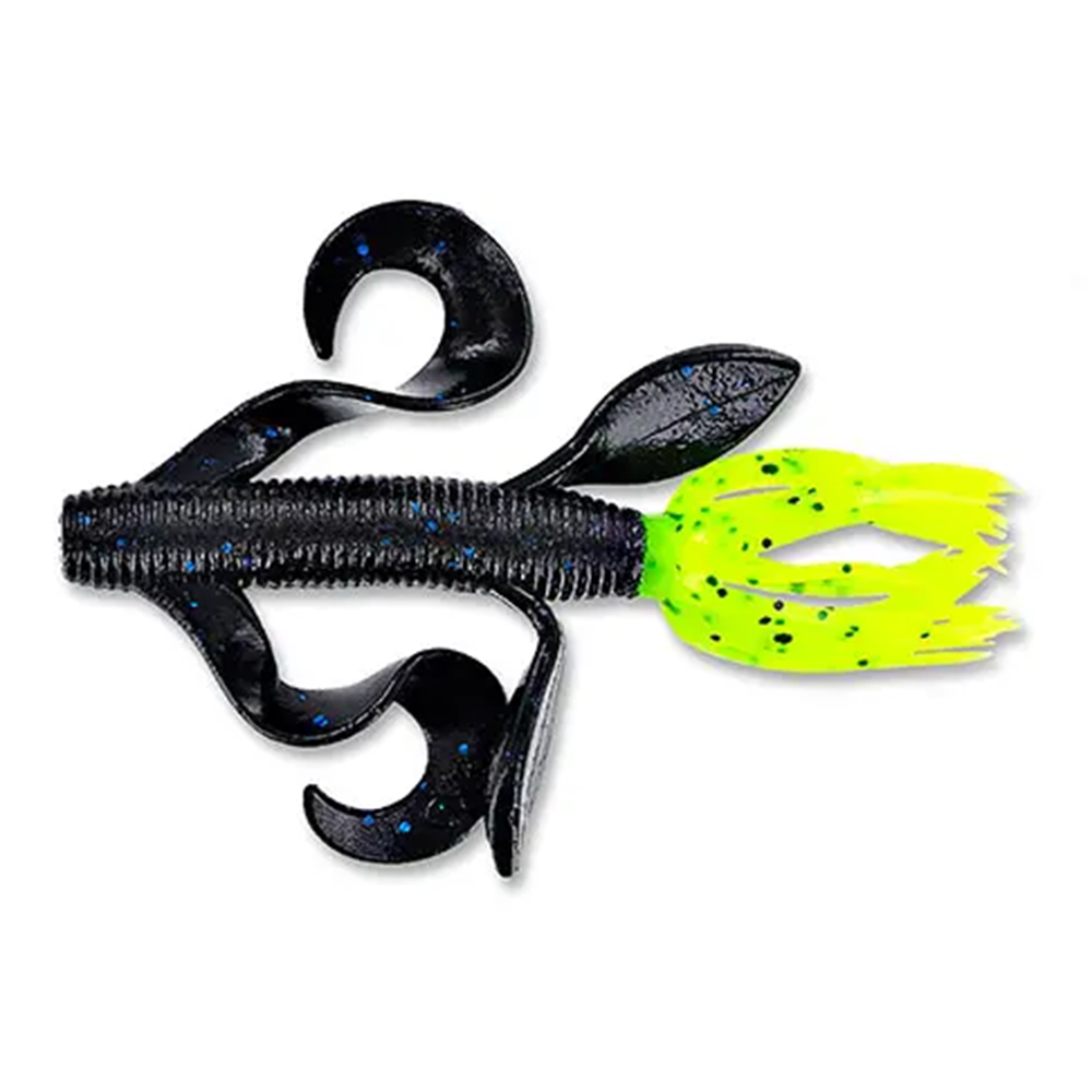 Yamamoto 4" Kreature fishing lure in black with blue flecks and neon green segmented tail, designed to attract musky and other game fish.