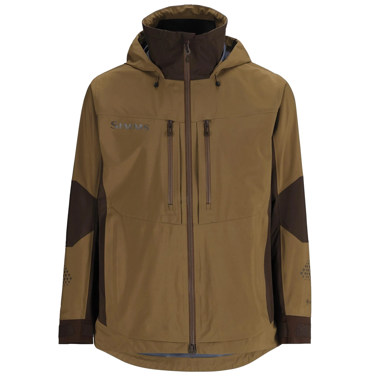 Simms ProDry Jacket - Men's in brown with dark brown accents, featuring a high collar, adjustable hood, full front zipper, zippered chest pockets, and adjustable wrist cuffs designed for fishing and outdoor activities.