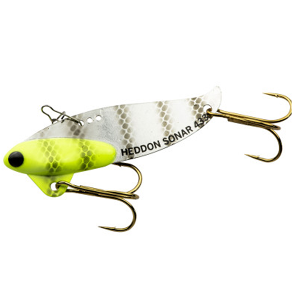 Heddon Sonar fishing lure with a silver reflective blade and chartreuse yellow head, featuring two sharp treble hooks for effective fishing tackle use.