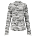 Simms BugStopper SolarFlex Hoody - Women's in gray and white camo pattern, long sleeves with thumbholes, designed for sun protection and comfort during fishing activities.
