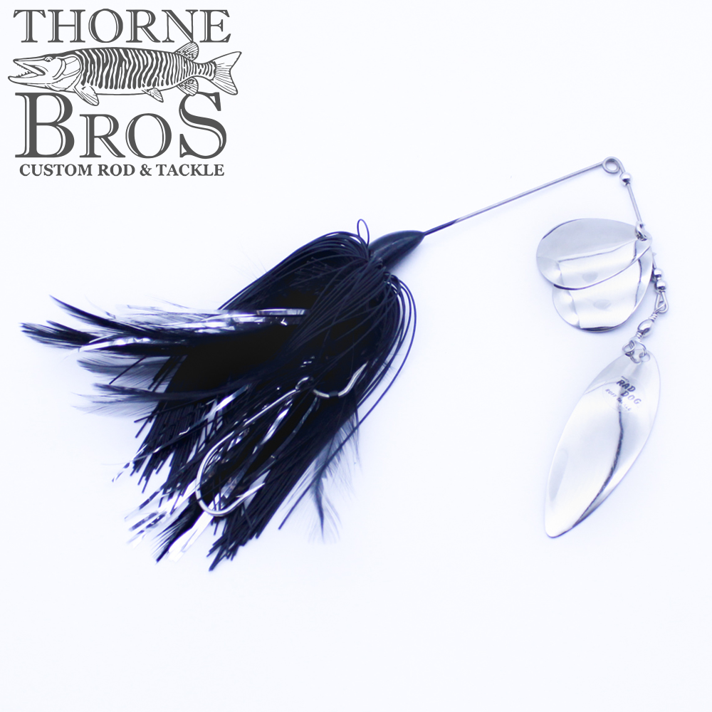 Ruff Tackle Rad Dog - Troll Dog fishing lure featuring black feather skirt and polished silver spinner blades designed for musky fishing.