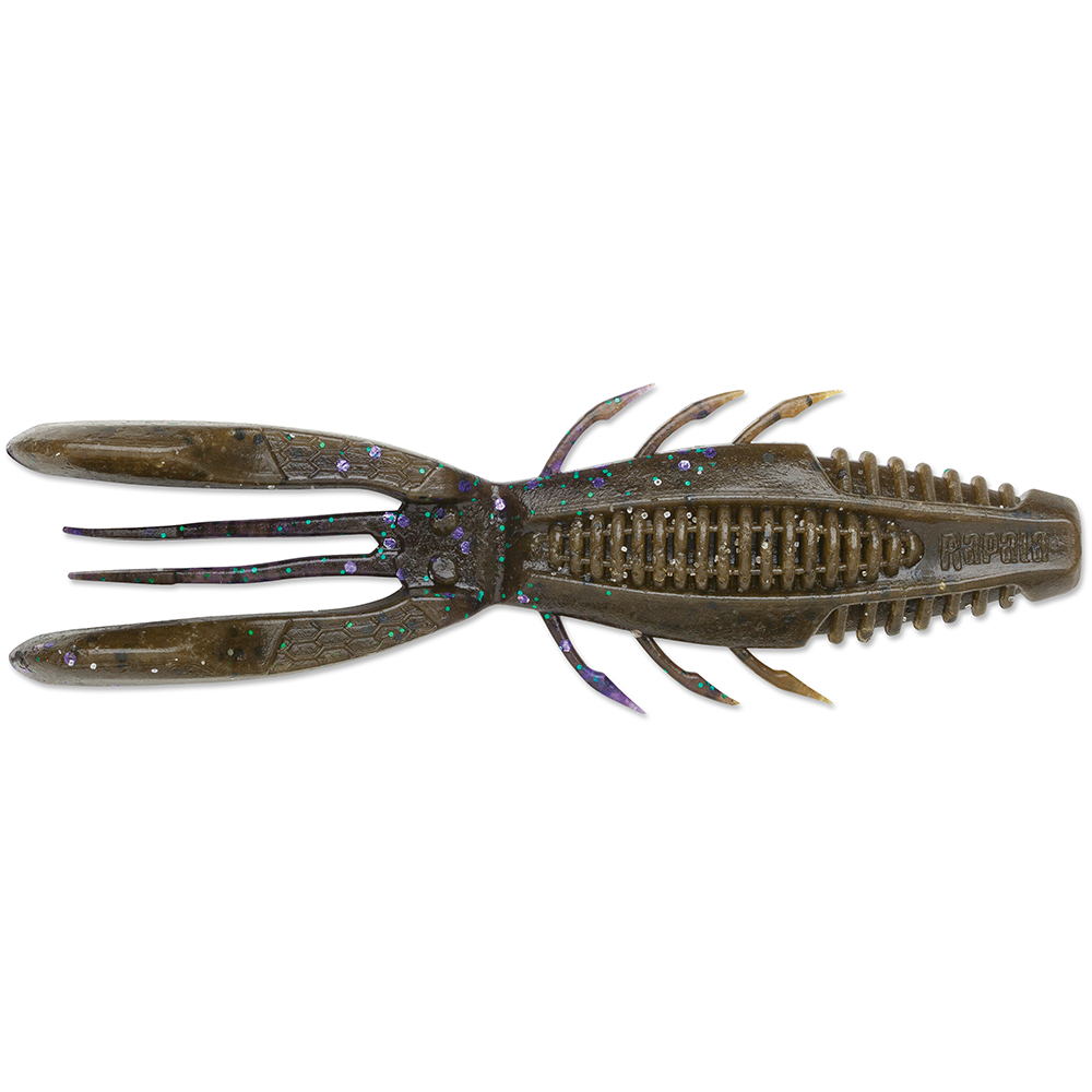 Rapala CrushCity Bronco Bug soft plastic fishing lure designed to mimic a crawfish with segmented body and multiple appendages, speckled with shiny flecks for added attraction.