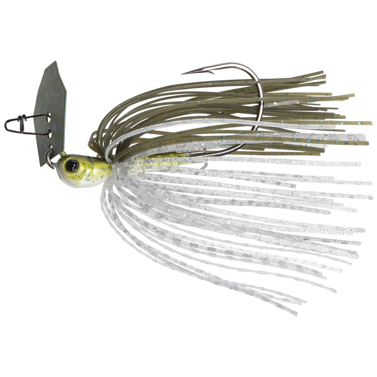 Z-Man Jackhammer Baby Jack Chatterbait with a green and white skirt, detailed head, sharp hooks, and metal blade designed for fishing tackle and lure applications.