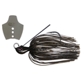 OSP Metal Blade ECO Jig bass fishing lure with a dark silicone skirt and exposed hook designed for casting and targeting bass in freshwater habitats