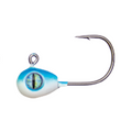 Mission Tackle Short Shank Tungsten Heavy Metal Jig with a blue and white weighted head featuring a realistic eye design and a sharp single fishing hook for effective fishing tackle.