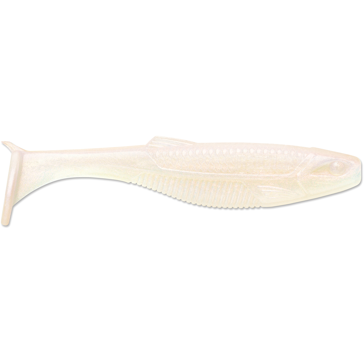 Rapala CrushCity The Mayor soft plastic fishing lure in translucent pearly white, designed to mimic a small baitfish with a paddle tail for lifelike swimming action.