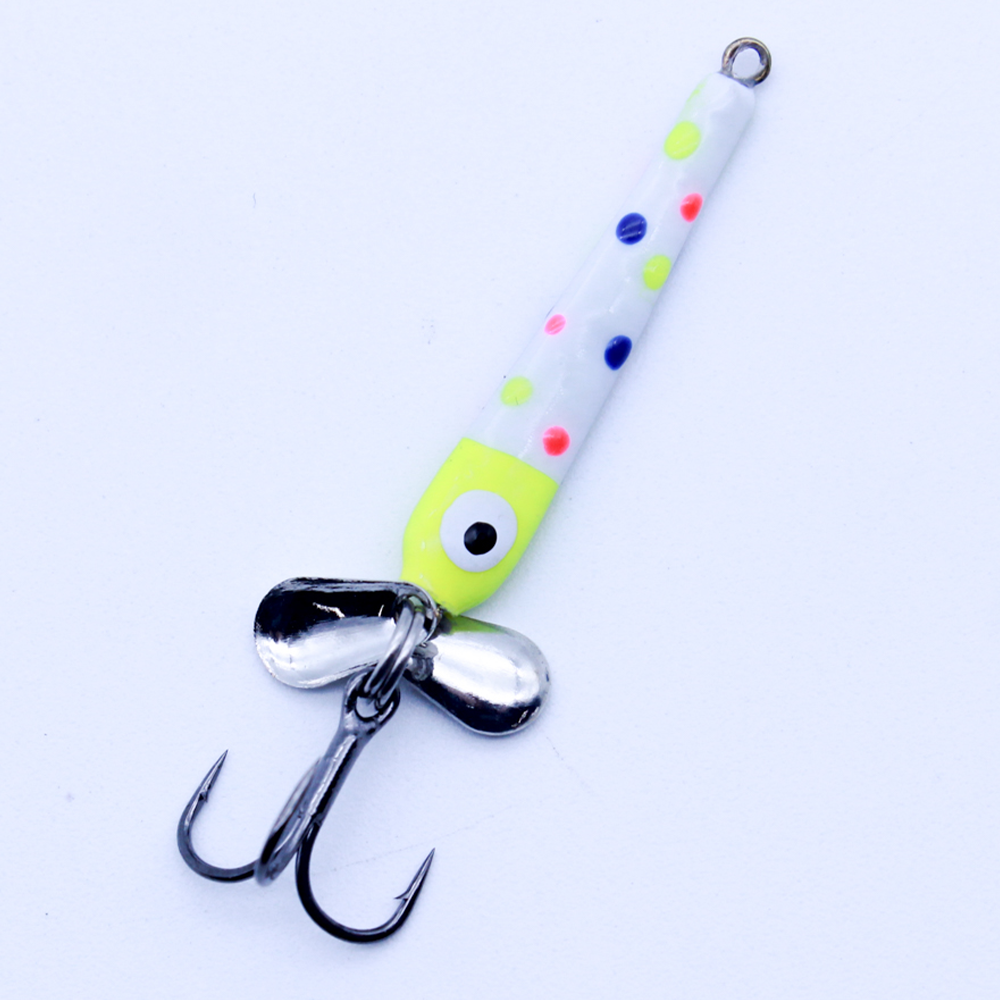 Widow Maker Slab Seeker Tungsten Spoon fishing lure with a white body featuring colorful dots, a yellow head with an eye detail, silver spinner blades, and a sharp treble hook.