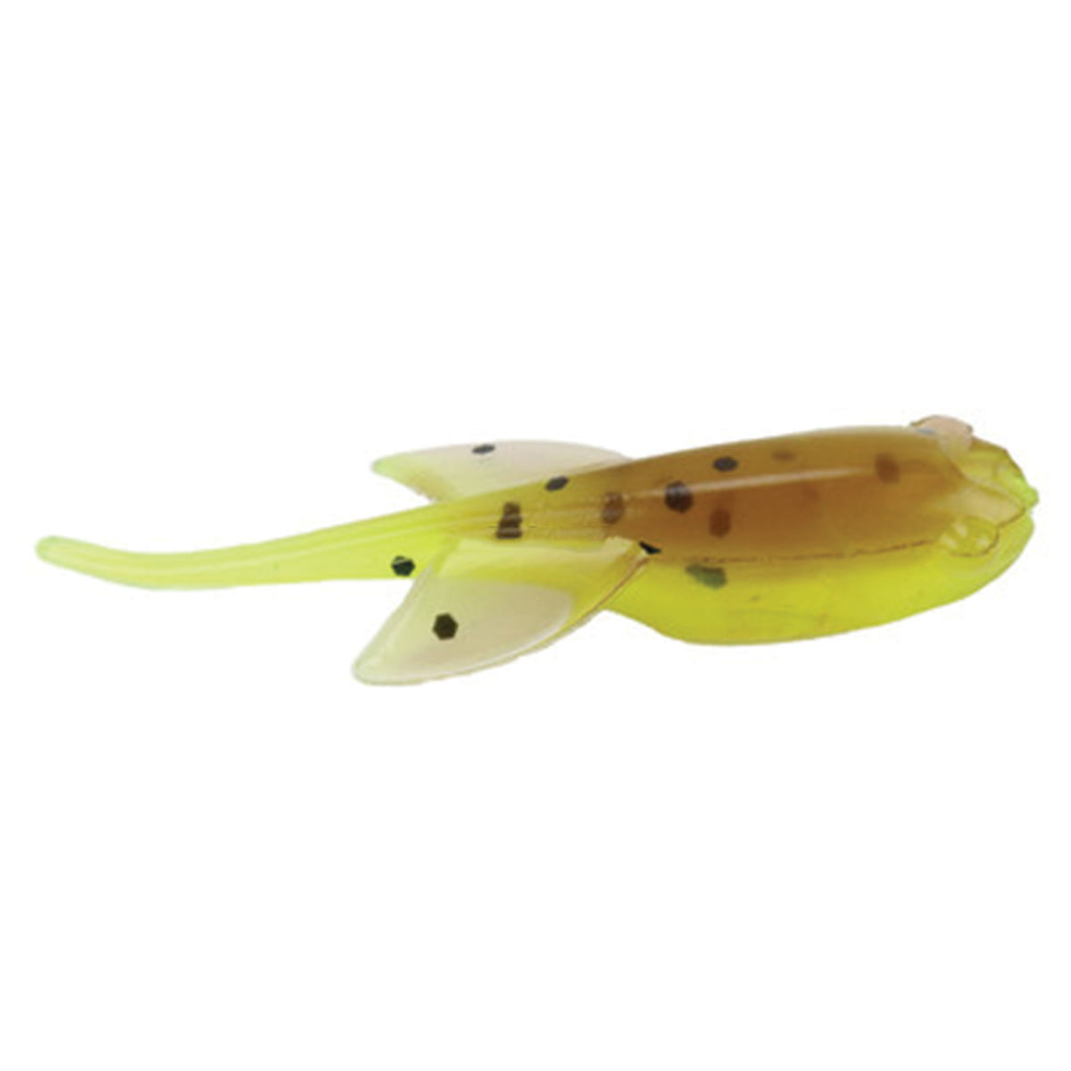 Mr. Crappie Sugar Glider soft fishing lure in translucent yellow and brown with black spots, designed for freshwater fishing tackle and bait attraction.