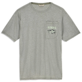 Simms Harbor Lightweight Pocket T-Shirt - Men's in light gray with short sleeves, crew neckline, and chest pocket featuring a fishing lure graphic and Simms branding.
