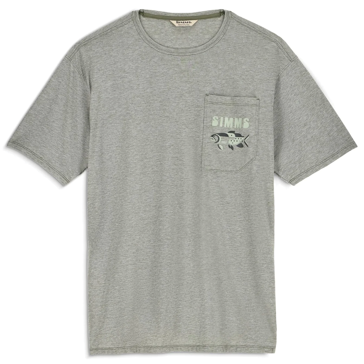 Simms Harbor Lightweight Pocket T-Shirt - Men's in light gray with short sleeves, crew neckline, and chest pocket featuring a fishing lure graphic and Simms branding.