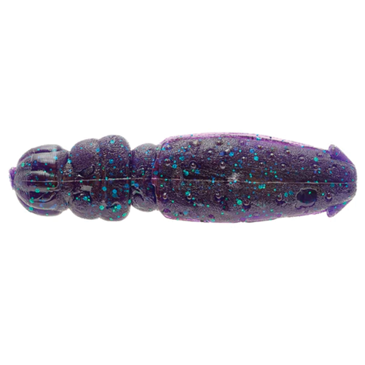 Close-up of a purple and blue speckled soft fishing lure shaped like a small insect or grub, designed for use with the Nories Flip Dom 3" fishing tackle.