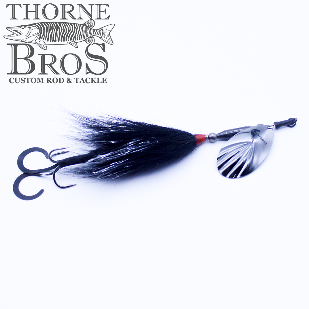 Pandemonium Tackle Marvin 7 Bucktail featuring a black bucktail skirt, silver spinner blade, and dual treble hooks designed for effective fishing tackle use.