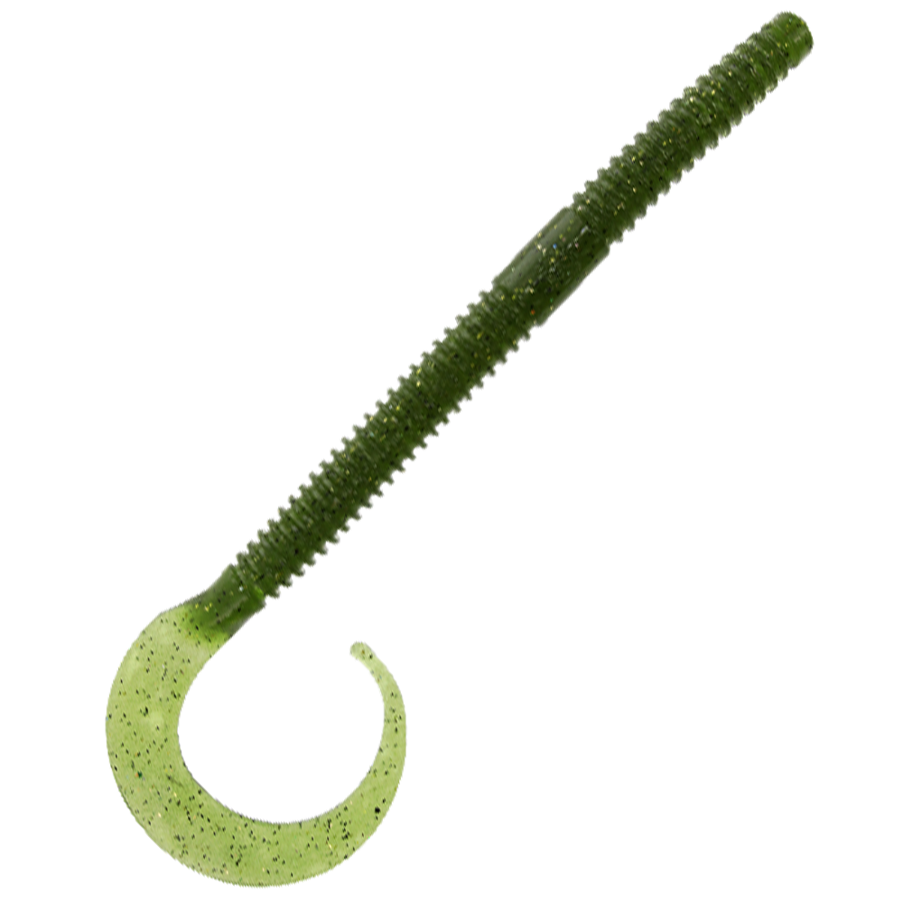 Yamamoto Ichi Worm Floater in green with textured ribbed body and curled tail designed for fishing tackle to attract musky and other freshwater fish.