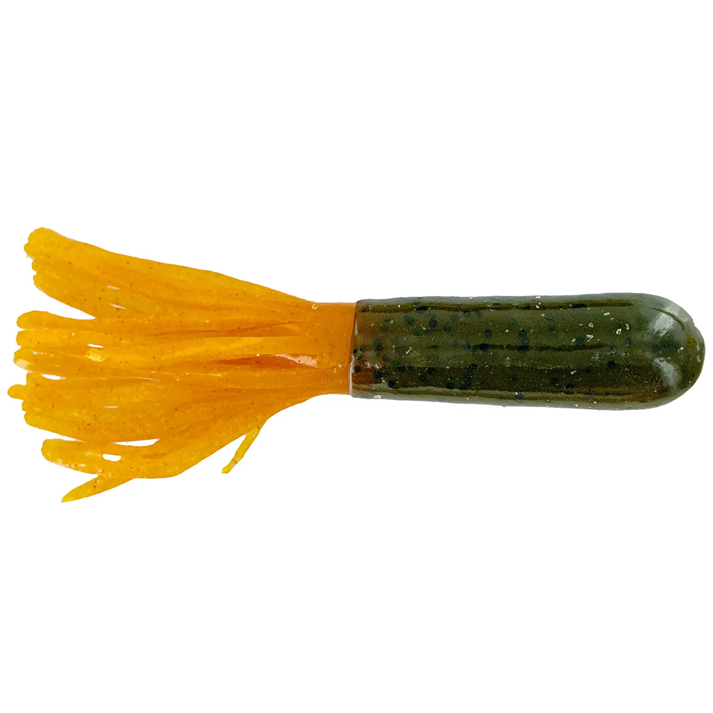 Big Bite 3.5" ScentSation Tube (8 Pack) fishing lure featuring a green cylindrical body with black specks and flexible orange tentacles designed for effective fishing tackle use.