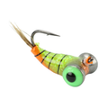 Widow Maker Tungsten Fly Glow Jig fishing lure with bright green and orange body, lifelike eye detail, hooked tail feathers, and sharp metal hook for musky tackle use.