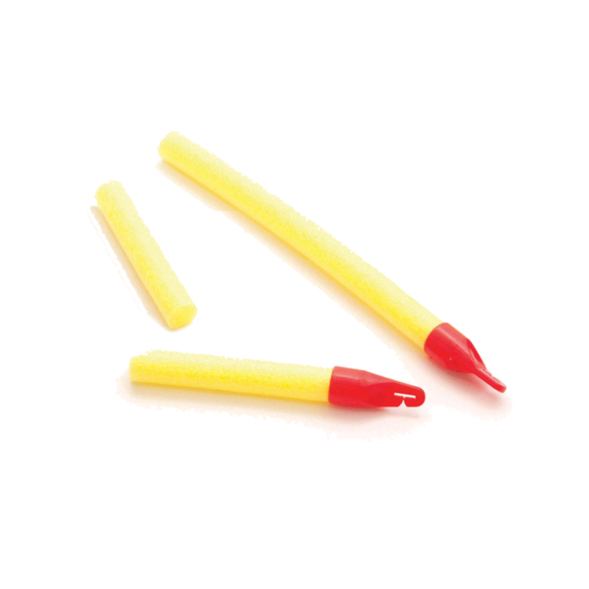 Clam Ice Buster Bobbers shown in three sizes, featuring bright yellow cylindrical foam bodies with red tapered plastic tips designed for effective ice fishing tackle.