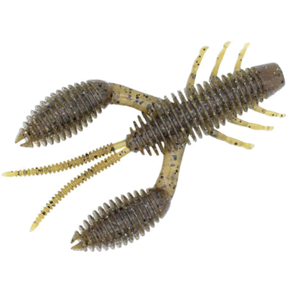 GeeCrack Bellows Craw ribbed creature bait in brown and green with multiple legs and appendages for bass fishing and versatile fishing tackle