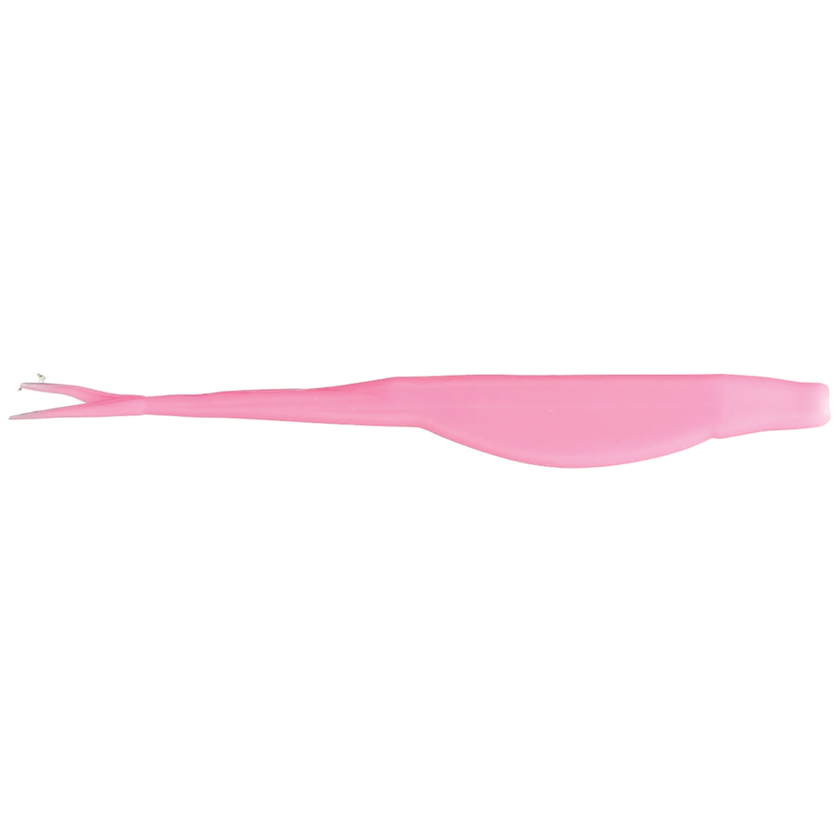 Zoom Bait Company Mag Super Fluke fishing lure in solid pink with a tapered, elongated body and forked tail designed for lifelike swimming action in fishing tackle.