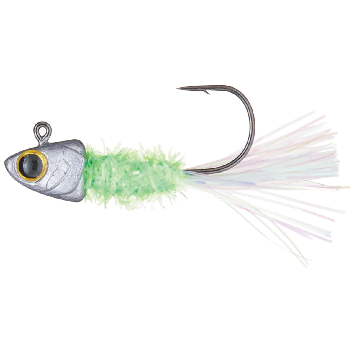 6th Sense Fishing Spangle Tinsel Jigs featuring a detailed silver fish head with a large eye, bright green textured body, iridescent tinsel tail, and sharp fishing hook designed for effective fishing tackle use.