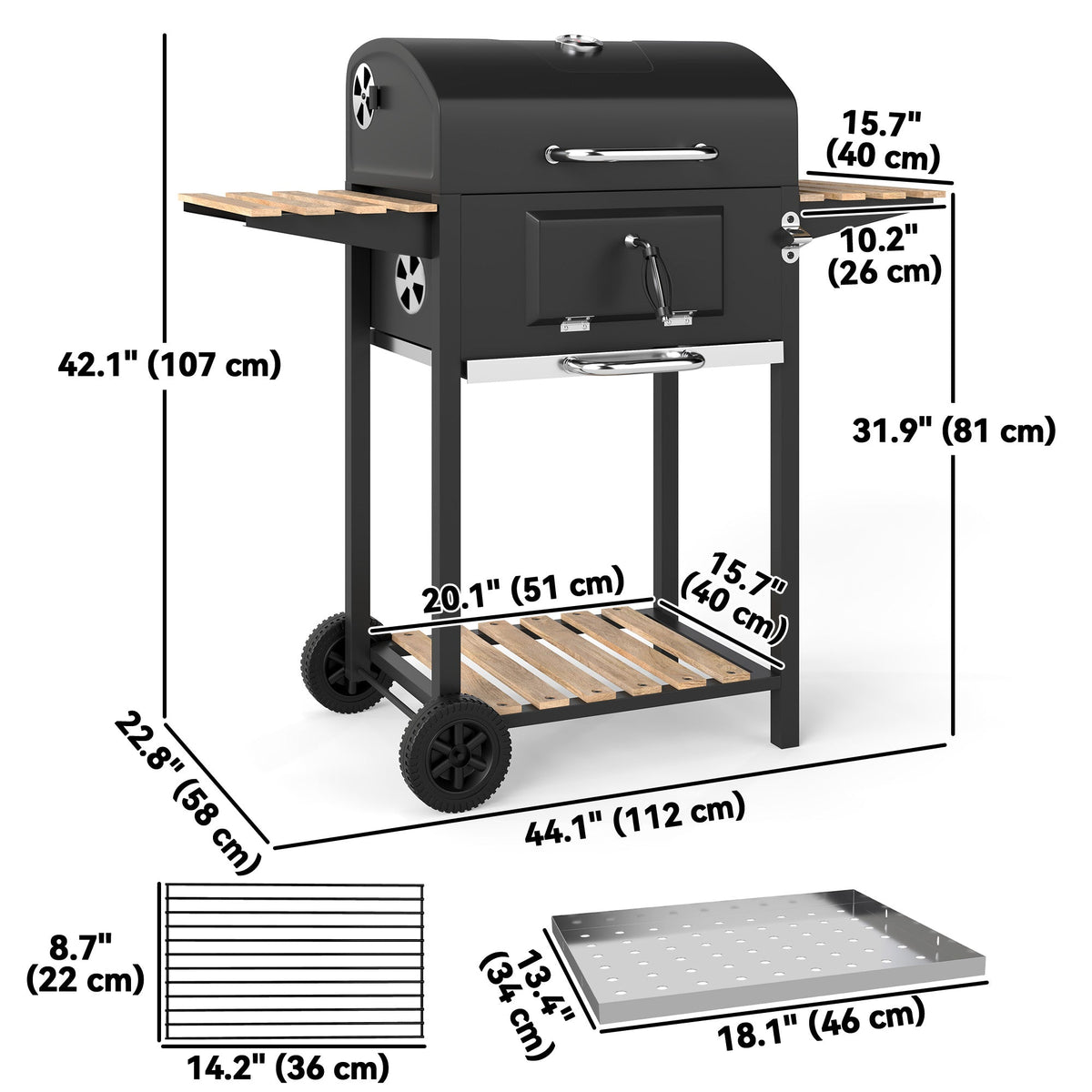 Portable Charcoal Grill with Adjustable Pan & 3 Shelves, Wheeled Barbecue Grill with Thermometer