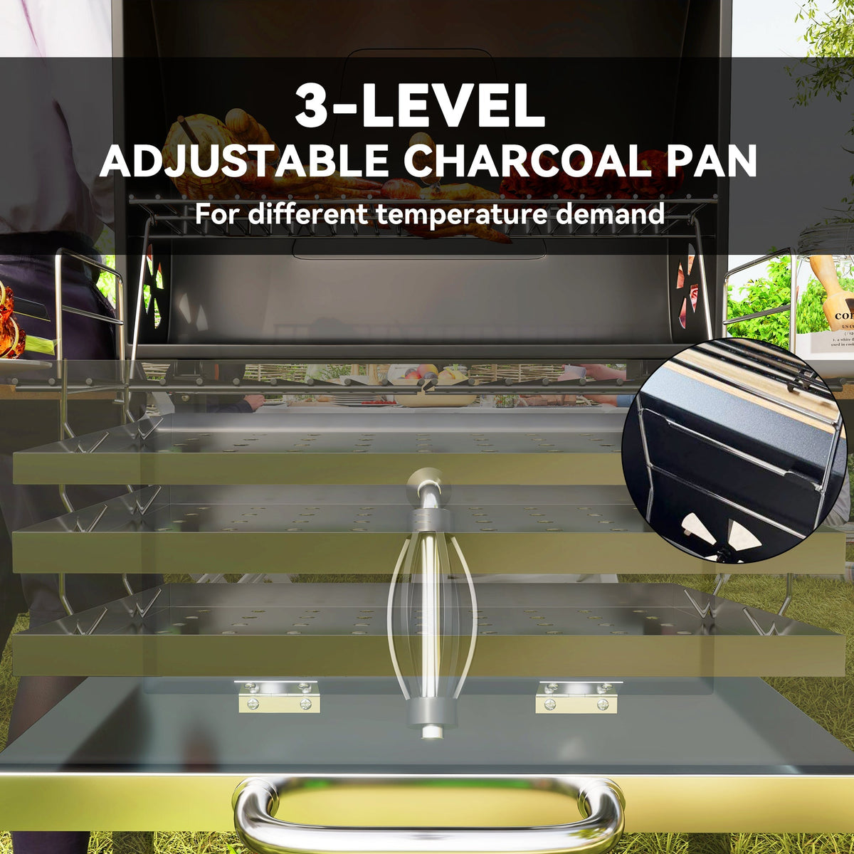 Portable Charcoal Grill with Adjustable Pan & 3 Shelves, Wheeled Barbecue Grill with Thermometer