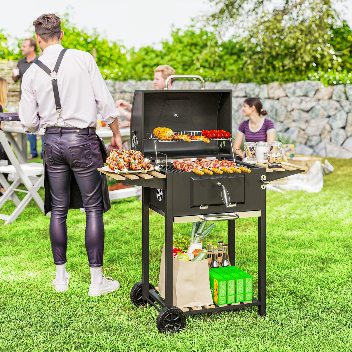 Portable Charcoal Grill with Adjustable Pan & 3 Shelves, Wheeled Barbecue Grill with Thermometer