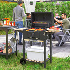 Portable Charcoal Grill with Adjustable Pan & 3 Shelves, Wheeled Barbecue Grill with Thermometer