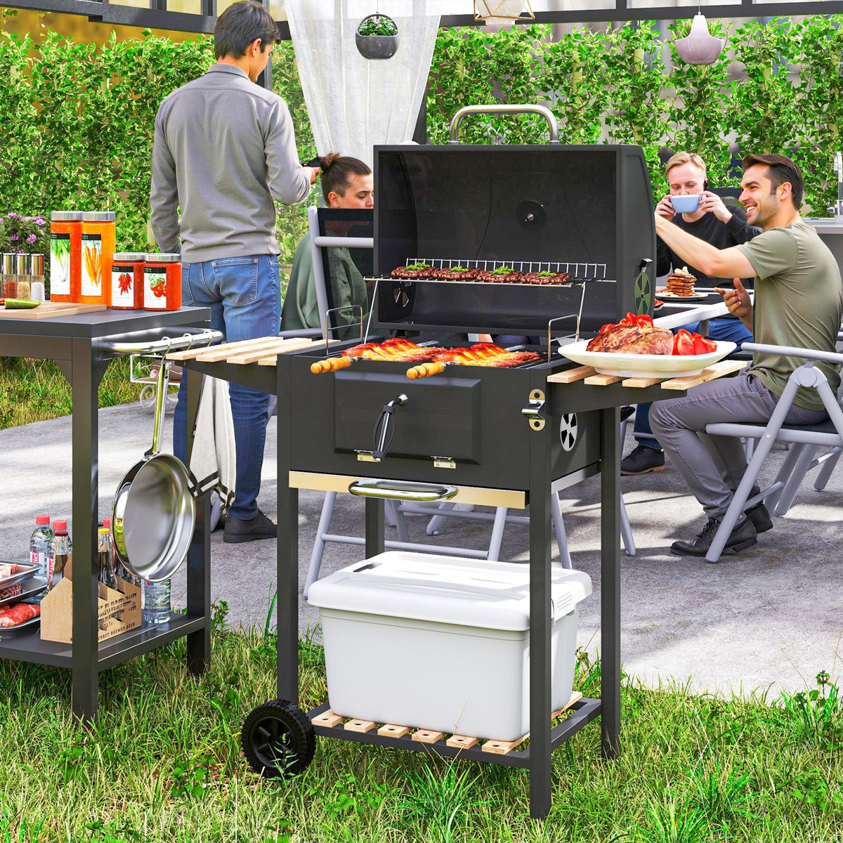Portable Charcoal Grill with Adjustable Pan & 3 Shelves, Wheeled Barbecue Grill with Thermometer
