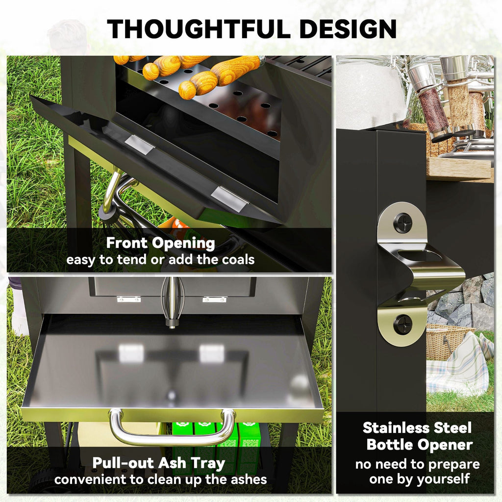 Portable Charcoal Grill with Adjustable Pan & 3 Shelves, Wheeled Barbecue Grill with Thermometer