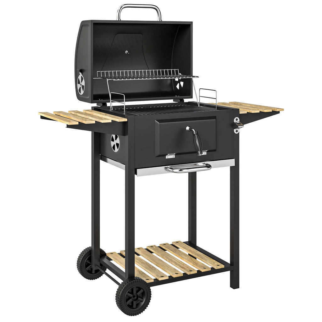 Portable Charcoal Grill with Adjustable Pan & 3 Shelves, Wheeled Barbecue Grill with Thermometer