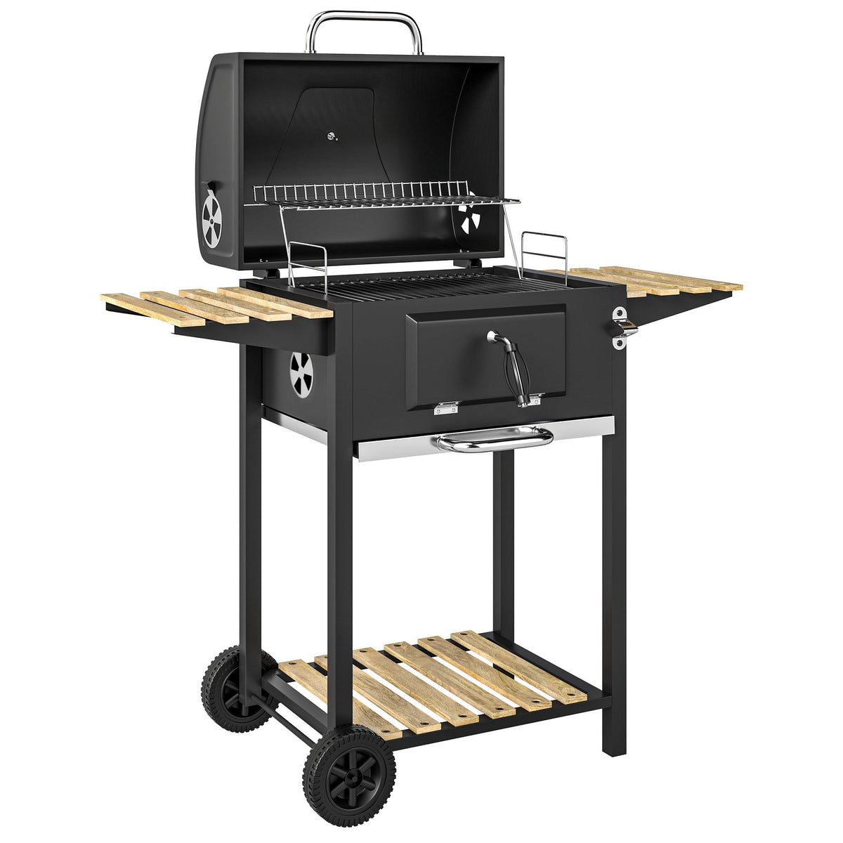 Portable Charcoal Grill with Adjustable Pan & 3 Shelves, Wheeled Barbecue Grill with Thermometer