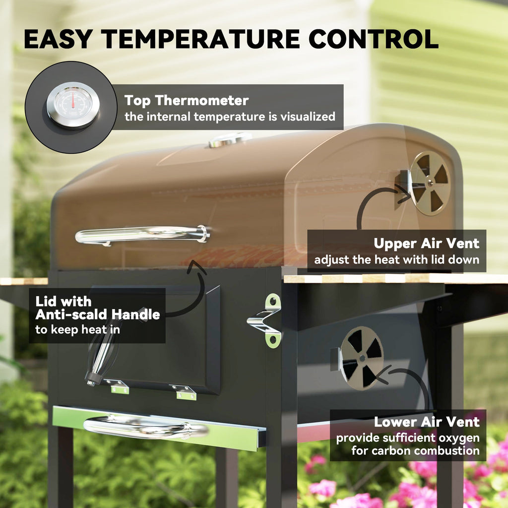 Portable Charcoal Grill with Adjustable Pan & 3 Shelves, Wheeled Barbecue Grill with Thermometer