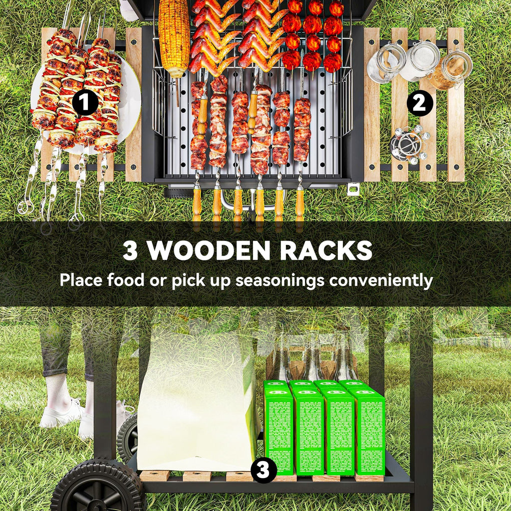 Portable Charcoal Grill with Adjustable Pan & 3 Shelves, Wheeled Barbecue Grill with Thermometer