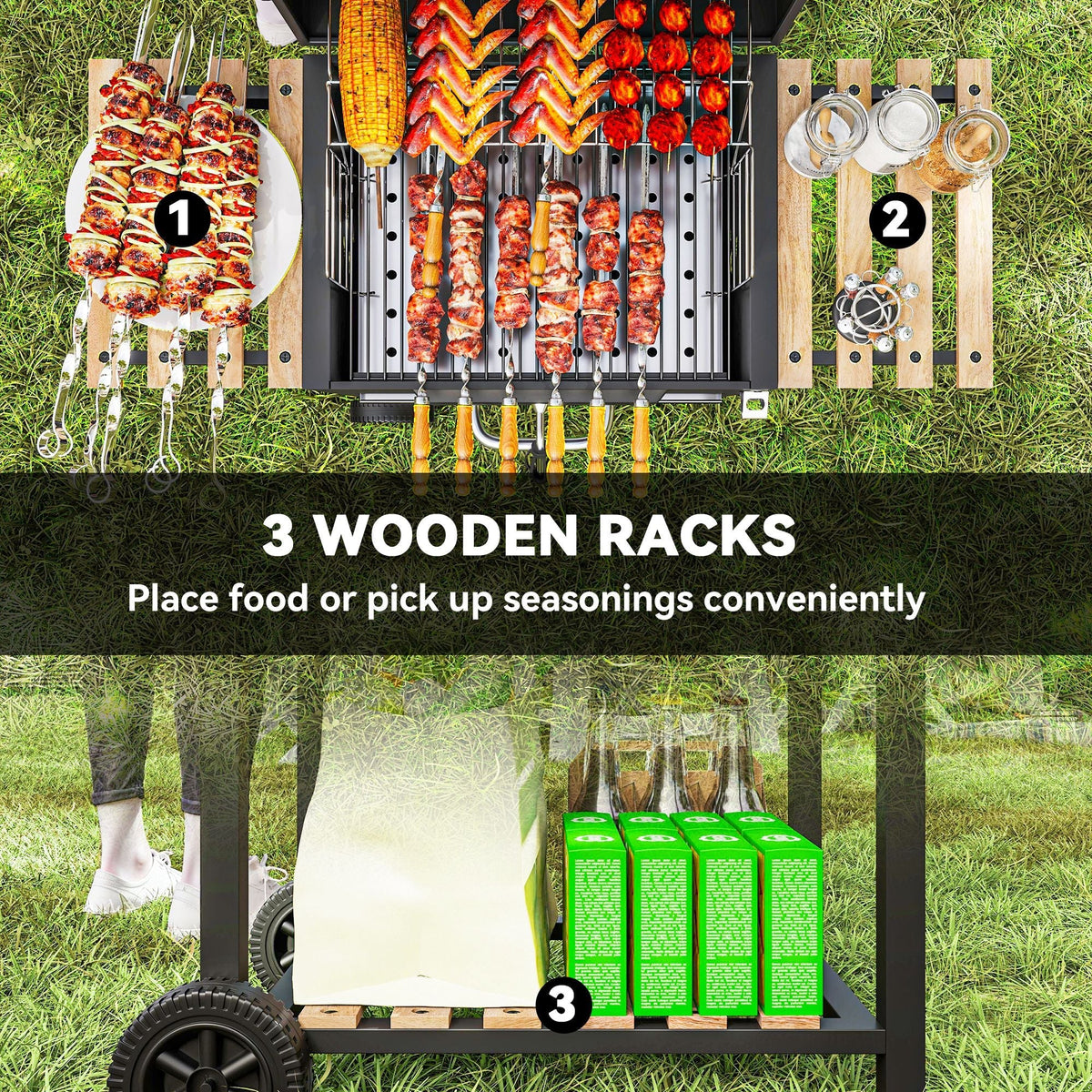 Portable Charcoal Grill with Adjustable Pan & 3 Shelves, Wheeled Barbecue Grill with Thermometer