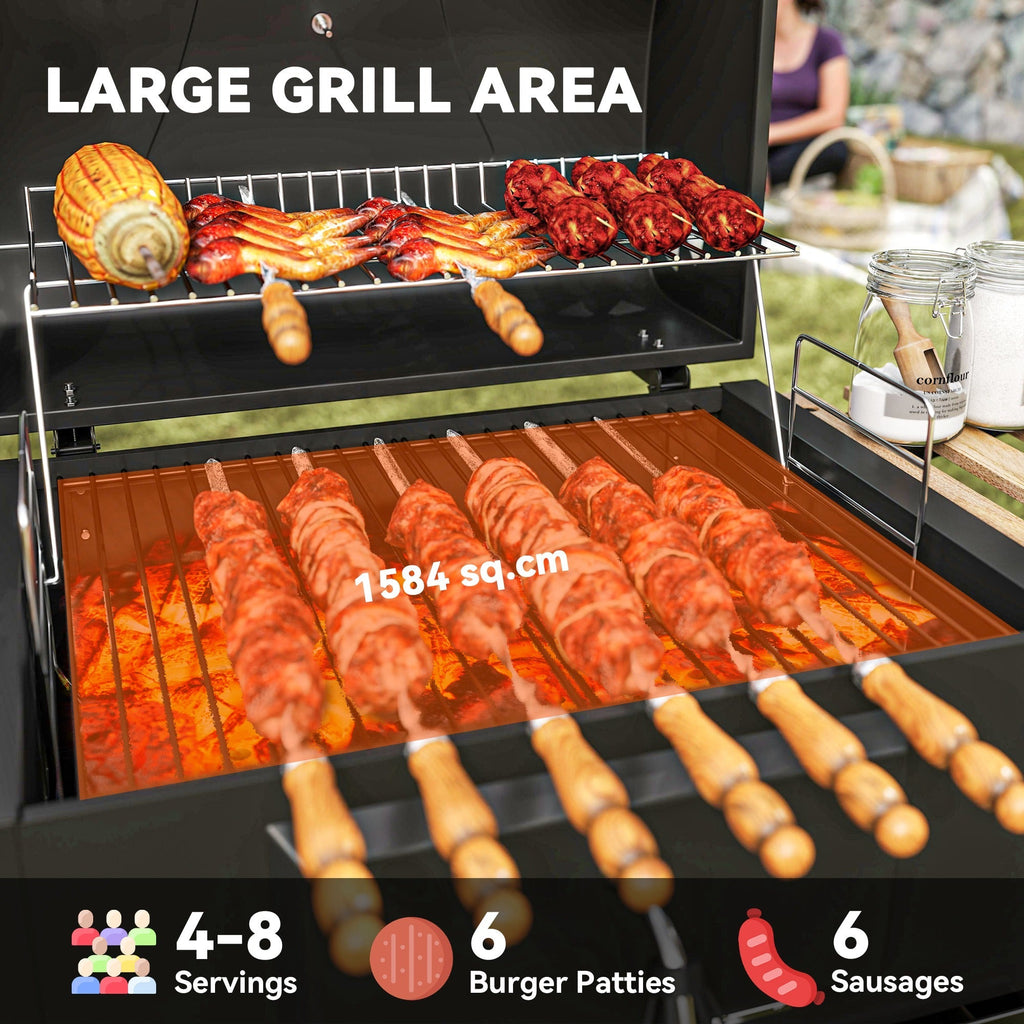 Portable Charcoal Grill with Adjustable Pan & 3 Shelves, Wheeled Barbecue Grill with Thermometer